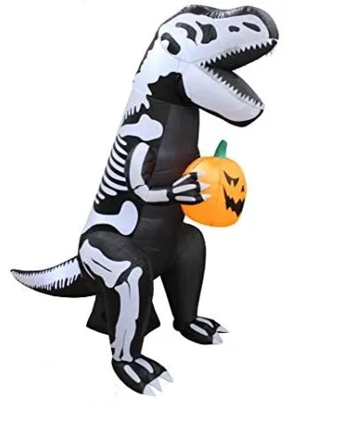 6.5 FT Inflatable Skeleton Dinosaur with Build-in LEDs T-Rex Holding Pumpkin for Halloween