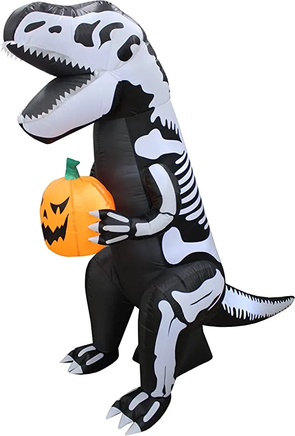 6.5 FT Inflatable Skeleton Dinosaur with Build-in LEDs T-Rex Holding Pumpkin for Halloween