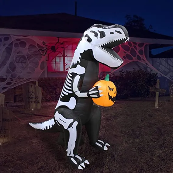 6.5 FT Inflatable Skeleton Dinosaur with Build-in LEDs T-Rex Holding Pumpkin for Halloween