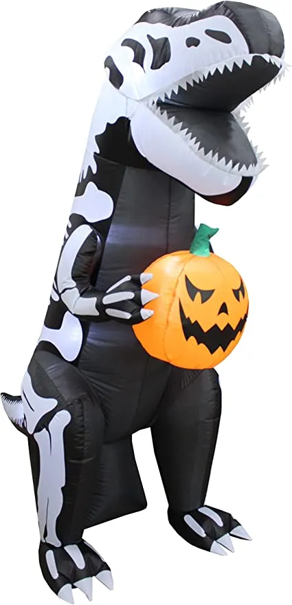 6.5 FT Inflatable Skeleton Dinosaur with Build-in LEDs T-Rex Holding Pumpkin for Halloween