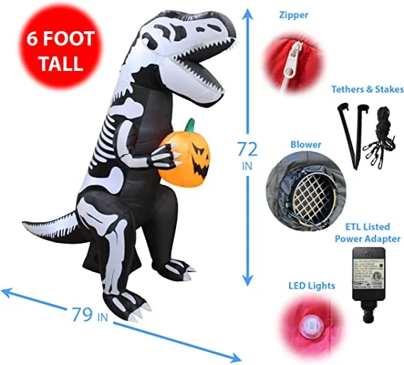 6.5 FT Inflatable Skeleton Dinosaur with Build-in LEDs T-Rex Holding Pumpkin for Halloween