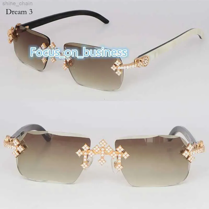 Accesorios cruzados MOISSANITE Set Rimless Womans Big Big Diamond Sun Gafas White Buffalo Buffalo Hombres Mujeres Gafas de sol T