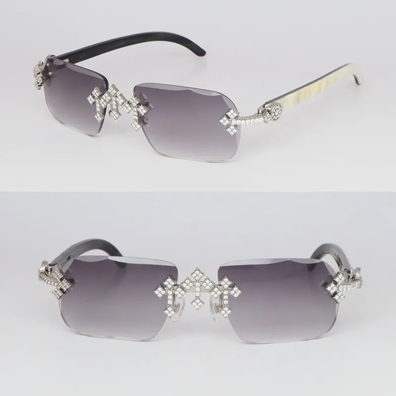 Accesorios cruzados MOISSANITE Set Rimless Womans Big Big Diamond Sun Gafas White Buffalo Buffalo Hombres Mujeres Gafas de sol T