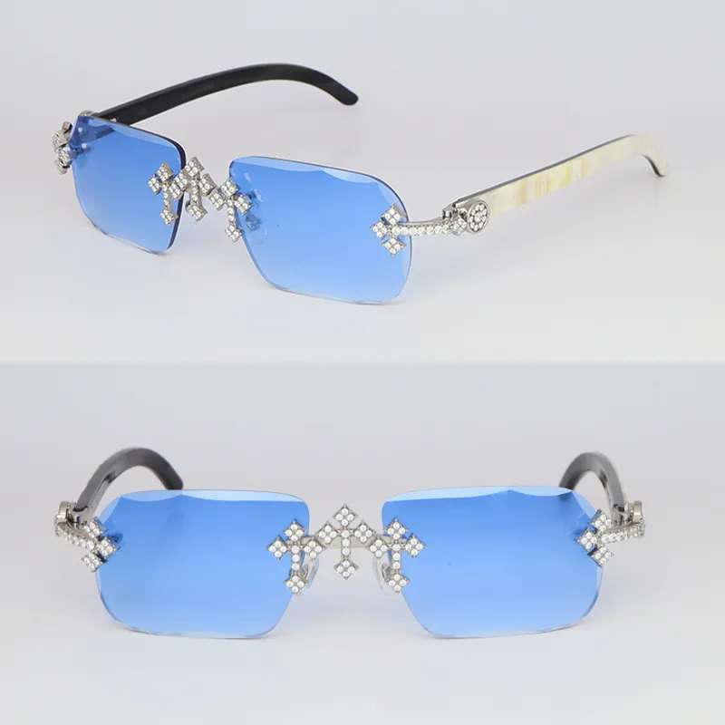 Accesorios cruzados MOISSANITE Set Rimless Womans Big Big Diamond Sun Gafas White Buffalo Buffalo Hombres Mujeres Gafas de sol T