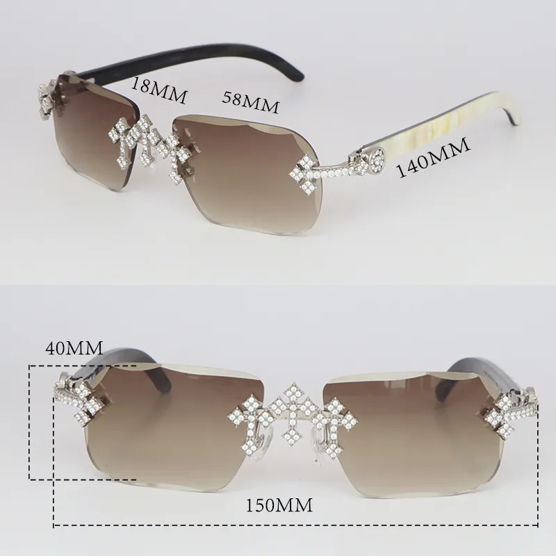 Accesorios cruzados MOISSANITE Set Rimless Womans Big Big Diamond Sun Gafas White Buffalo Buffalo Hombres Mujeres Gafas de sol T