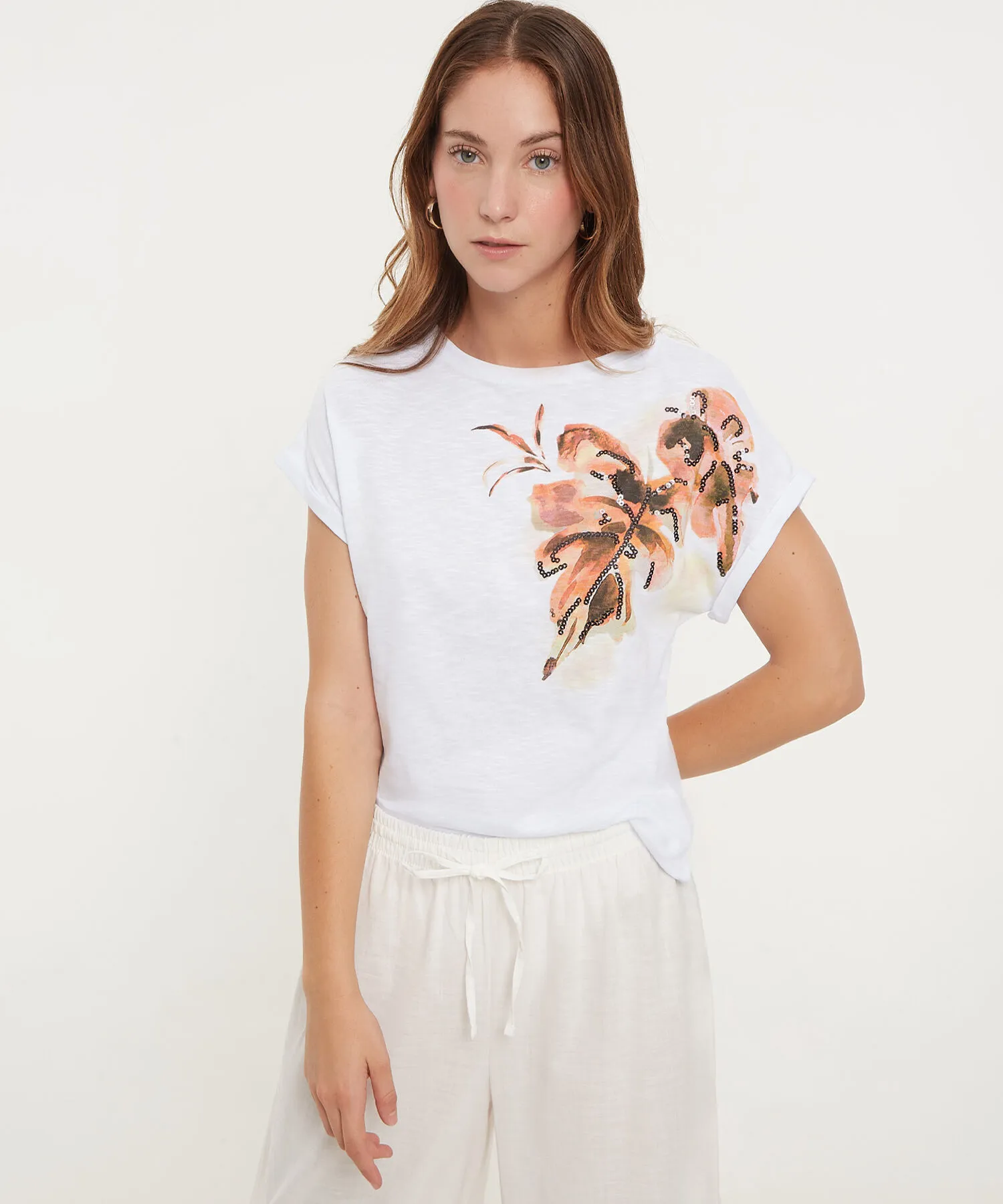 Camiseta Estampada con Lentejuelas-