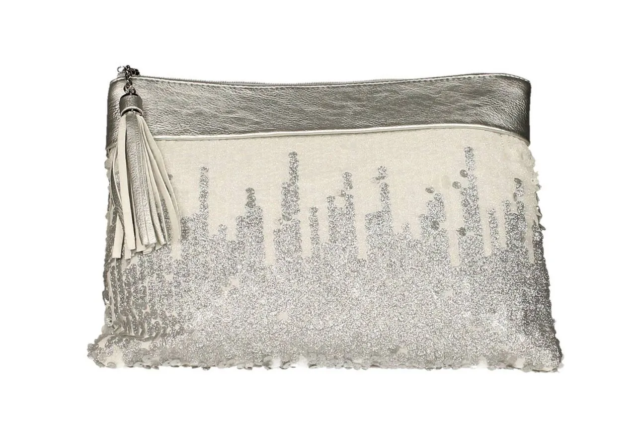 Cartera Blanco/plata Lentejuelas Glitter Con Banda Plata