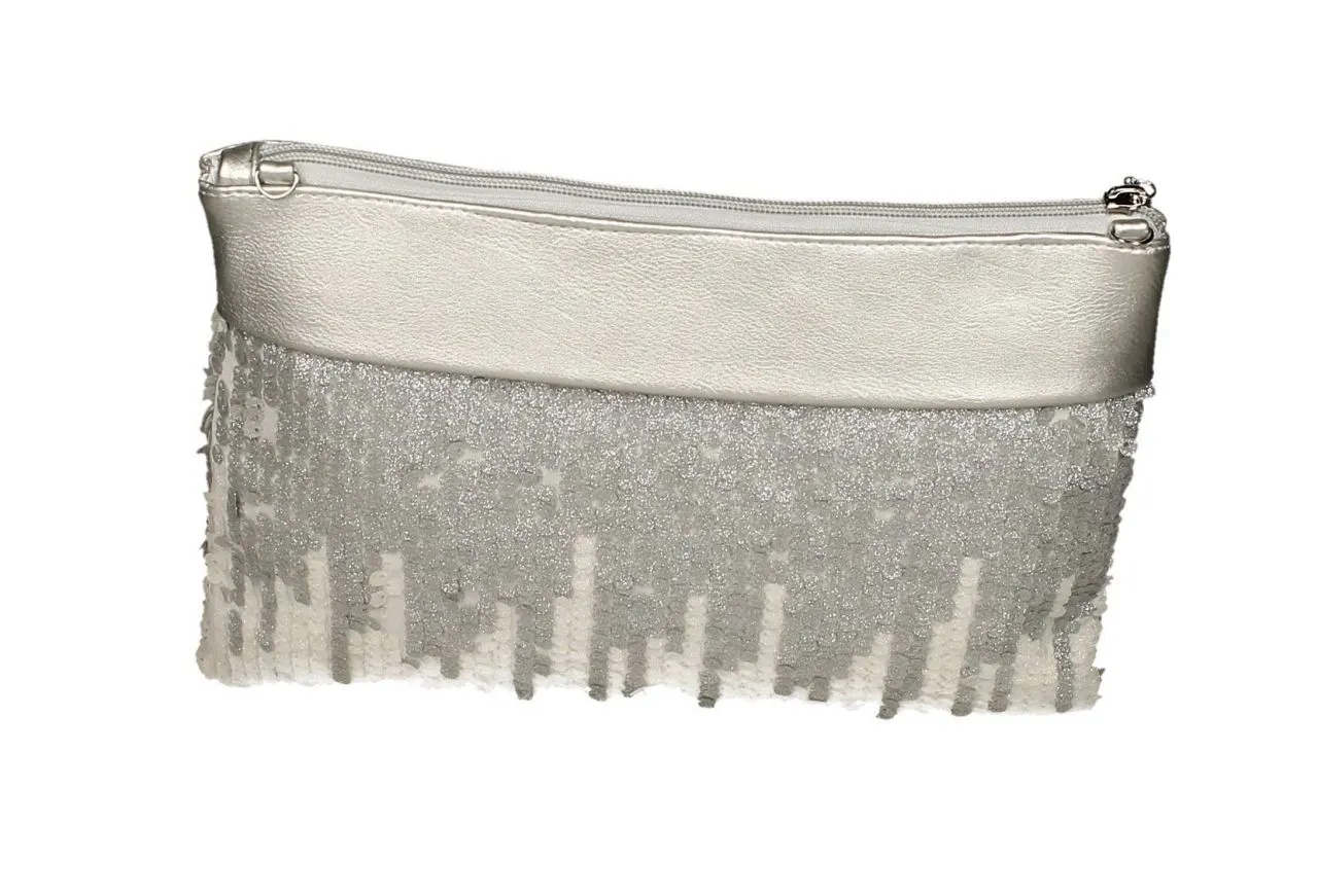 Cartera Blanco/plata Lentejuelas Glitter Con Banda Plata