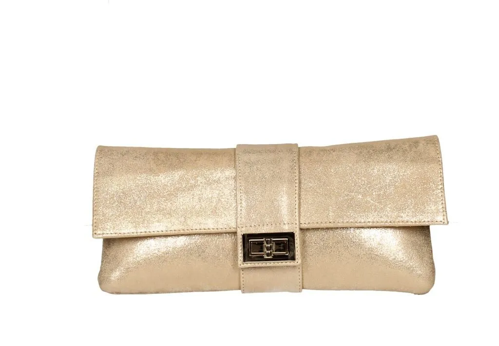 Cartera Nobuck Oro Pieza Central Con Broche