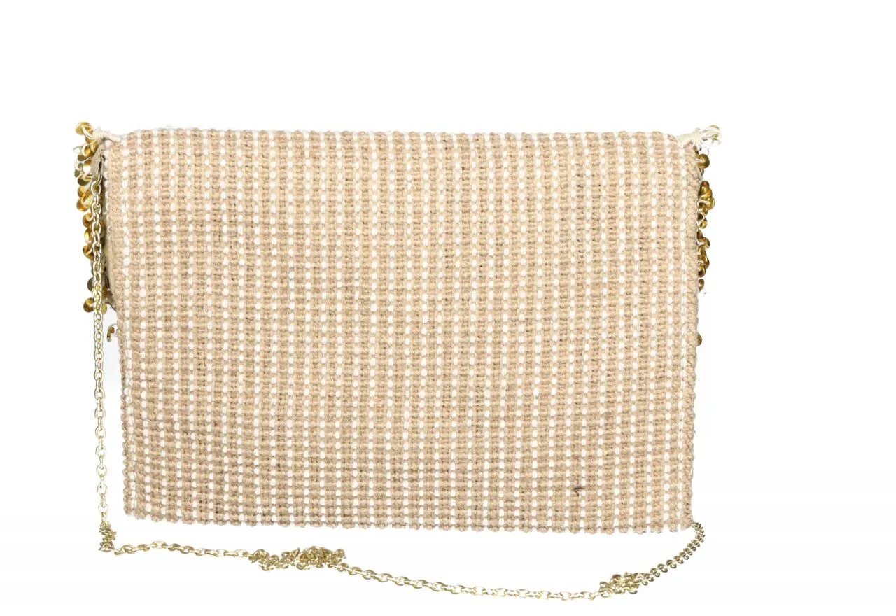 Cartera Tejido Marron/beige Tapa Abalorios Filo Lentejuelas Oro