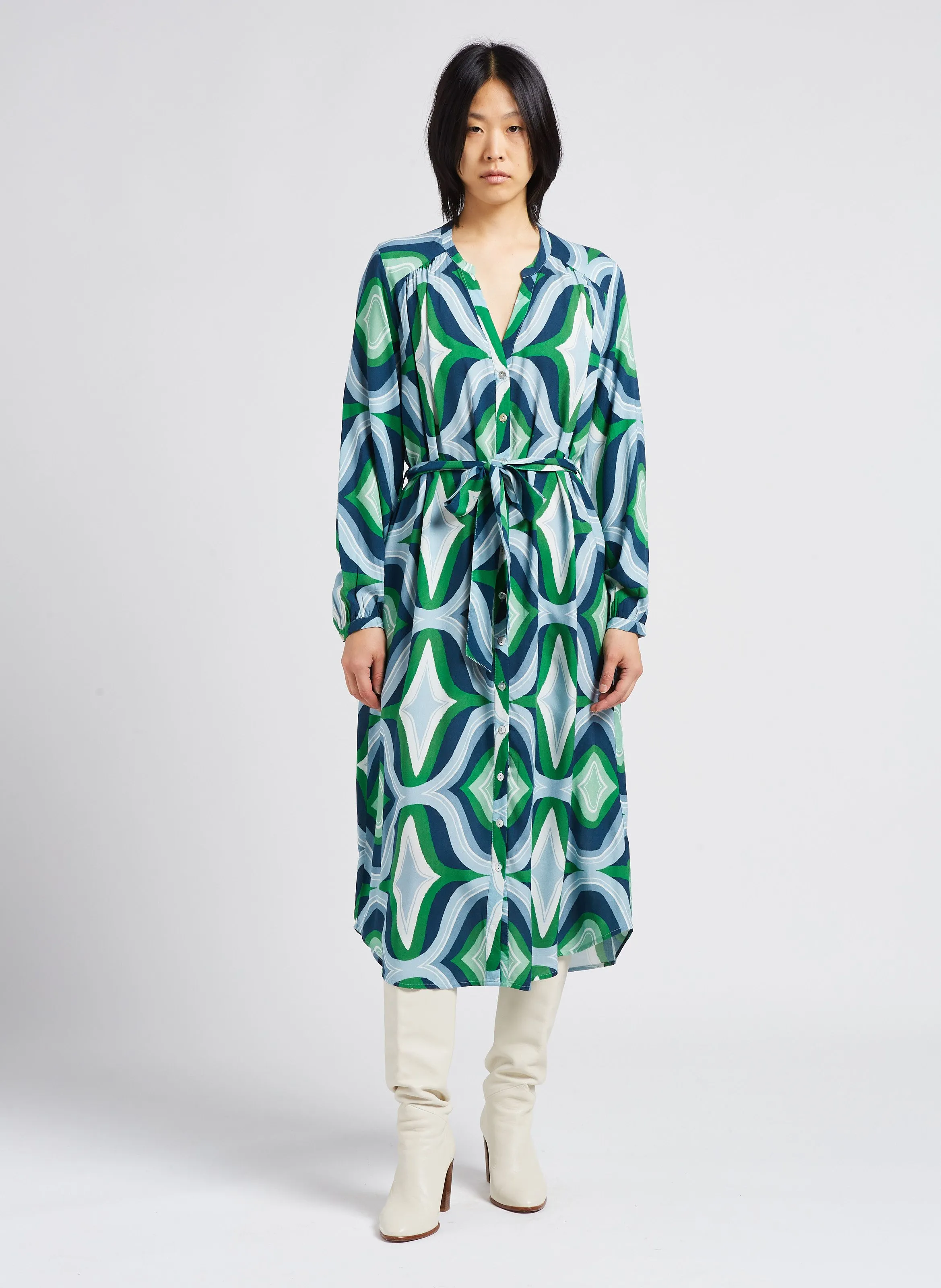 CLELIE - Vestido midi de cuello panadero con estampado geométrico en verde