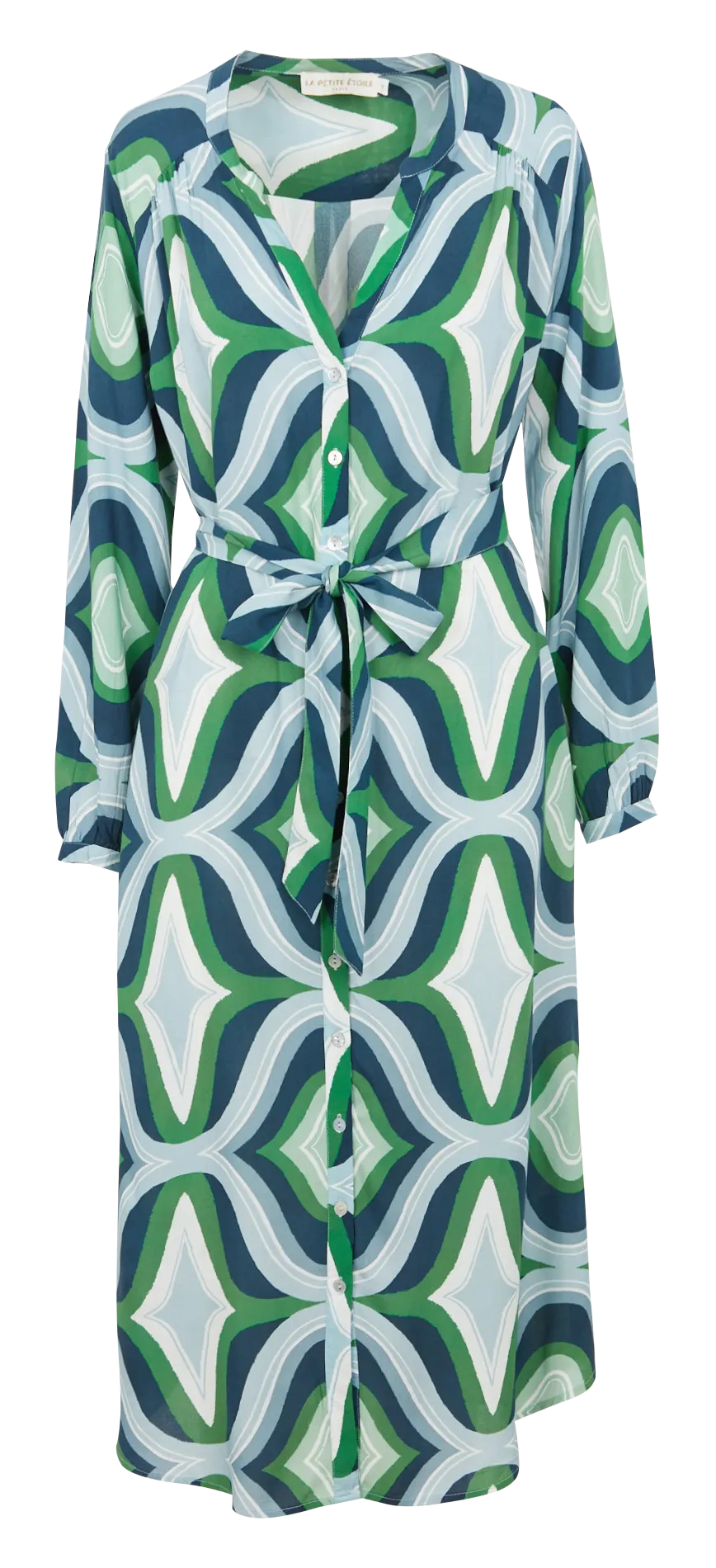 CLELIE - Vestido midi de cuello panadero con estampado geométrico en verde