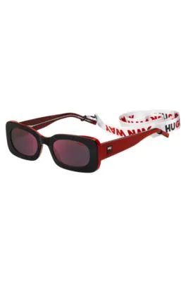 Gafas de sol de acetato negro y rojo con eslóganes en la correa desmontable