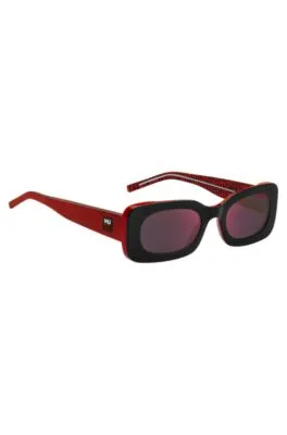 Gafas de sol de acetato negro y rojo con eslóganes en la correa desmontable