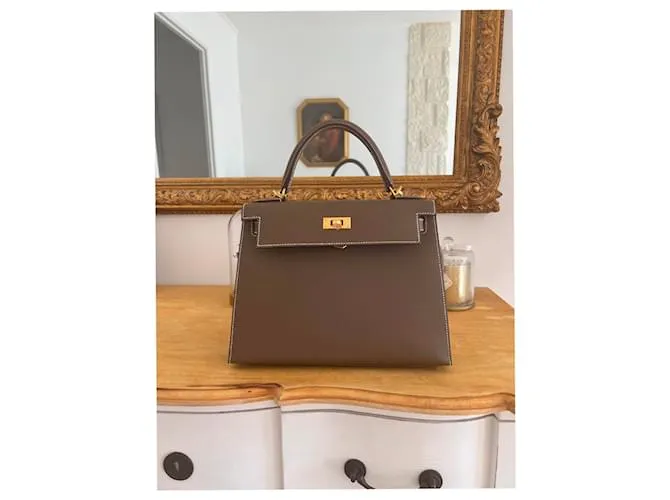 Hermès Kelly 28 epsom scellier Beige Gris Marrón claro 