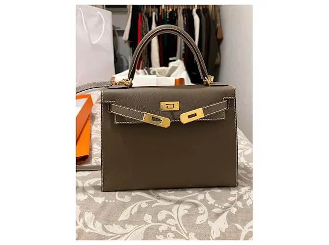 Hermès Kelly 28 epsom scellier Beige Gris Marrón claro 