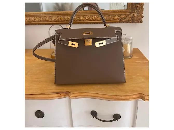 Hermès Kelly 28 epsom scellier Beige Gris Marrón claro 