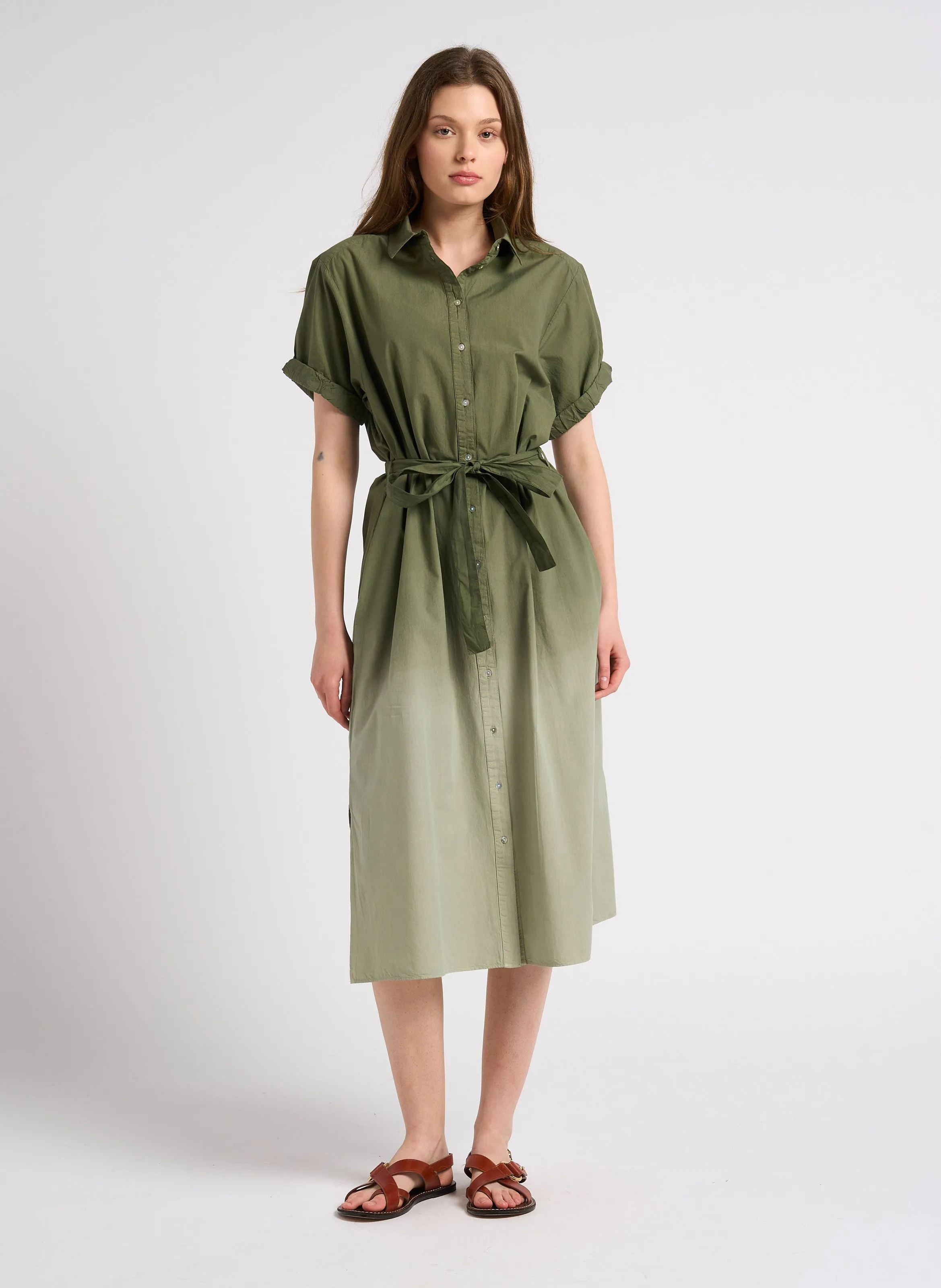 RALIJA - Vestido midi con cuello de camisa de algodón en verde