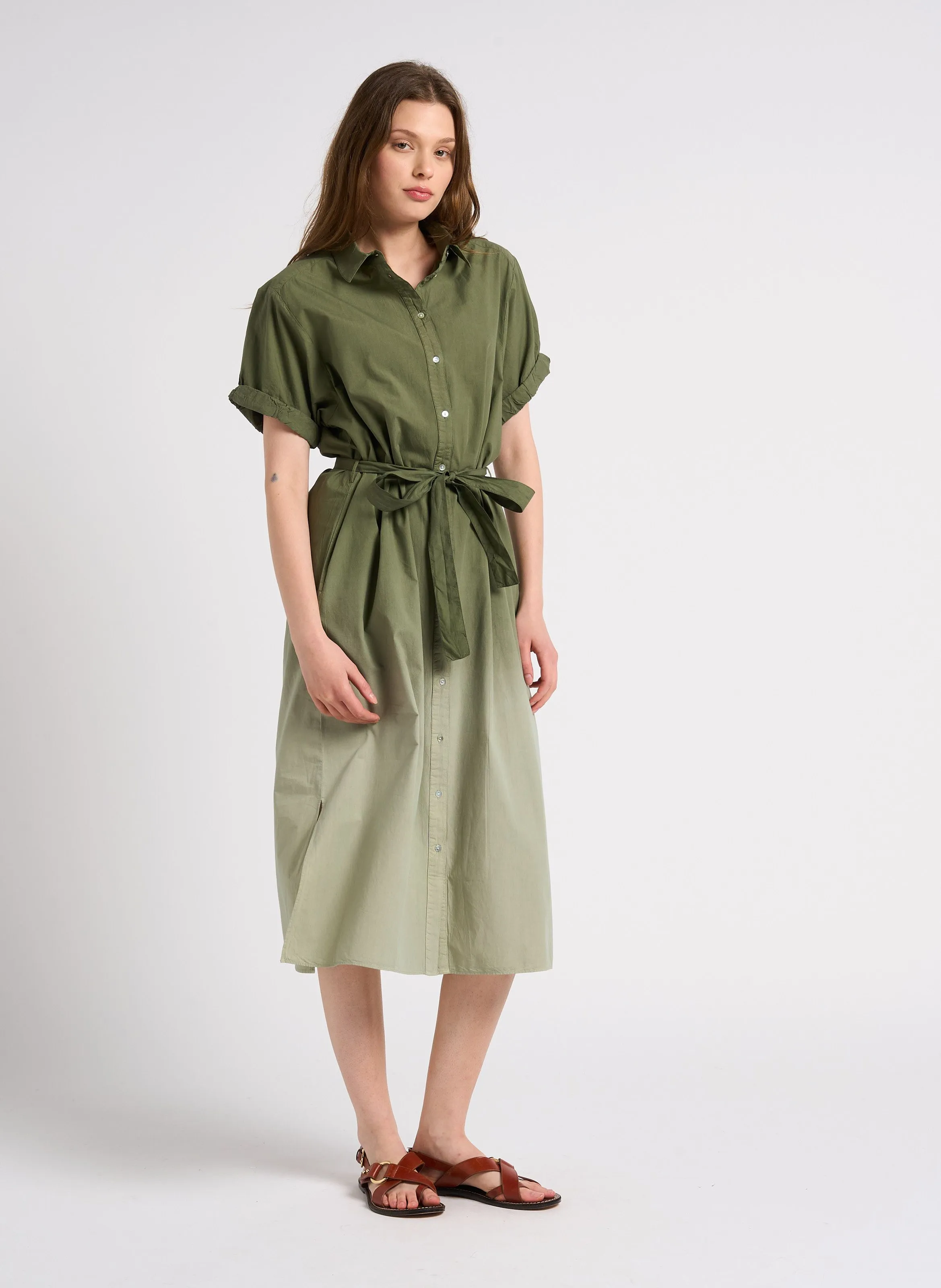 RALIJA - Vestido midi con cuello de camisa de algodón en verde