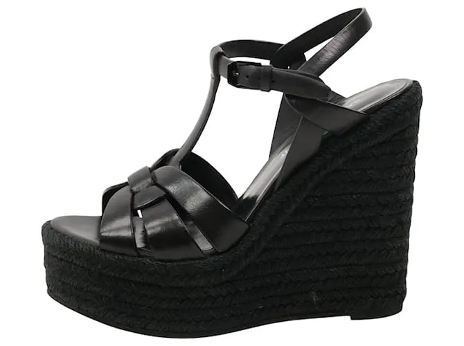 Saint Laurent Sandalias de cuña de cuero tejido Tribute en negro - talla UE 38,5 