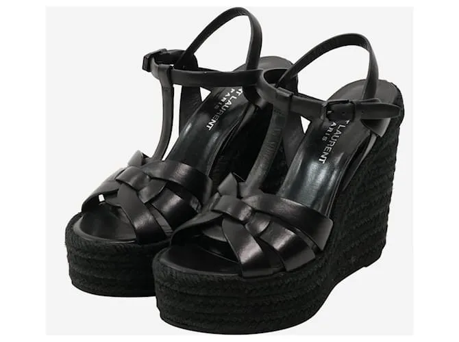 Saint Laurent Sandalias de cuña de cuero tejido Tribute en negro - talla UE 38,5 