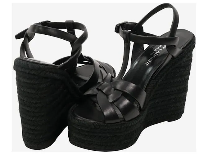 Saint Laurent Sandalias de cuña de cuero tejido Tribute en negro - talla UE 38,5 