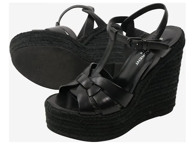 Saint Laurent Sandalias de cuña de cuero tejido Tribute en negro - talla UE 38,5 