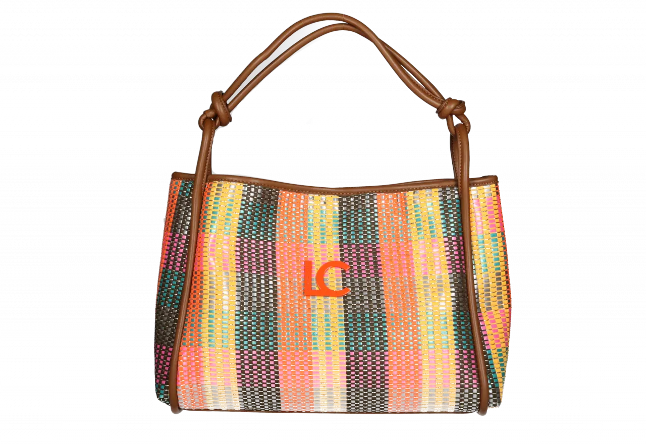 Shopper Rafia Multicolor Logo Lc Pasta Naranja Asa Marron