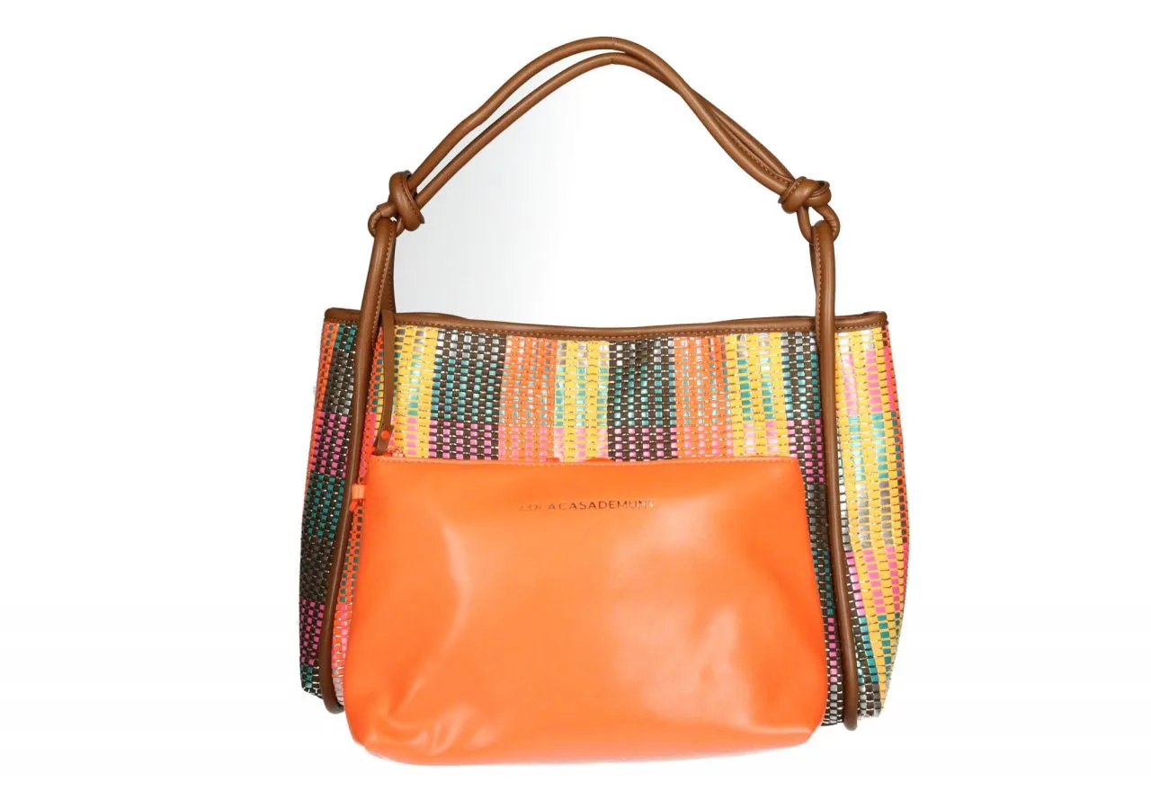 Shopper Rafia Multicolor Logo Lc Pasta Naranja Asa Marron