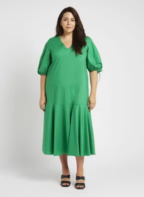 UNDICI - Vestido largo recto de mezcla de algodón con cuello de pico en verde