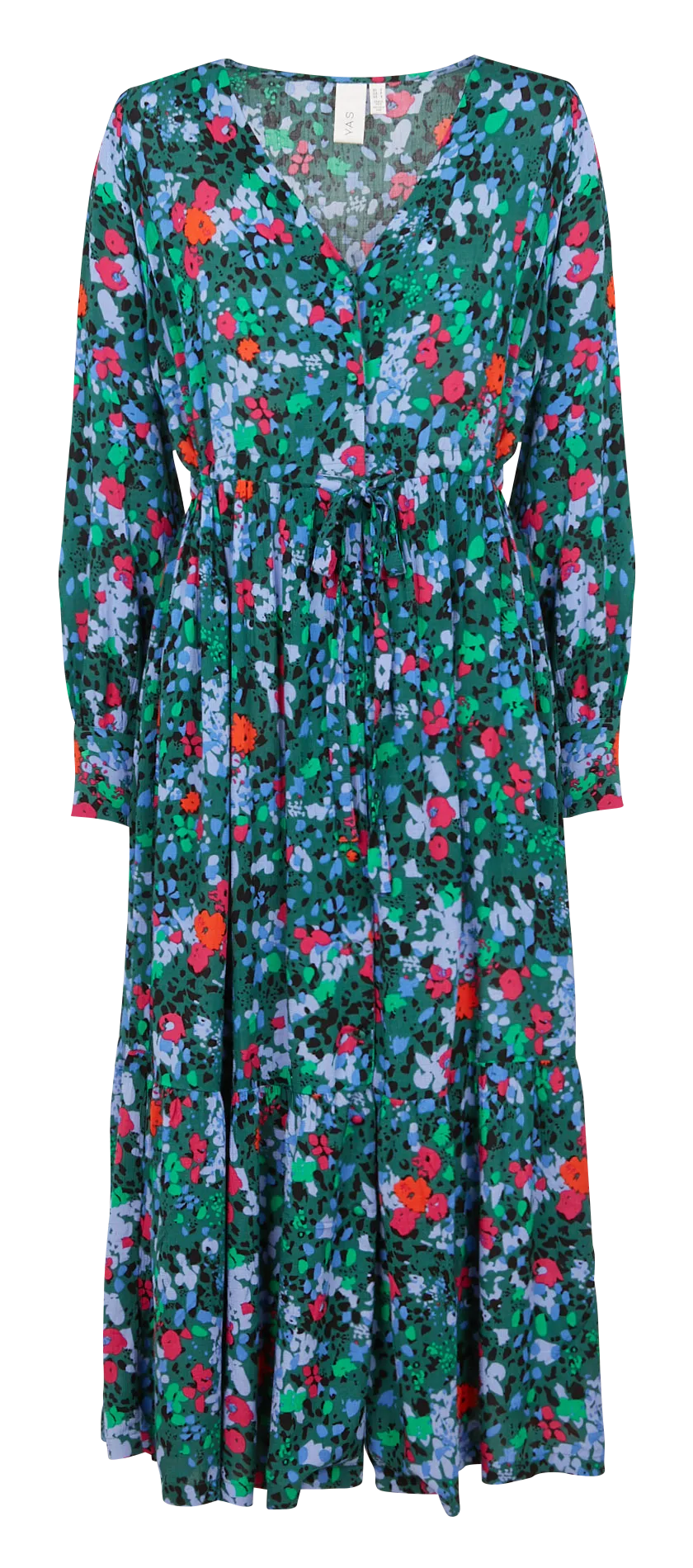 Vestido largo con cuello de pico y estampado de flores en verde