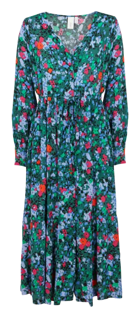 Vestido largo con cuello de pico y estampado de flores en verde