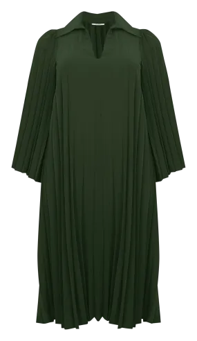 Vestido midi plisado con cuello clásico en verde