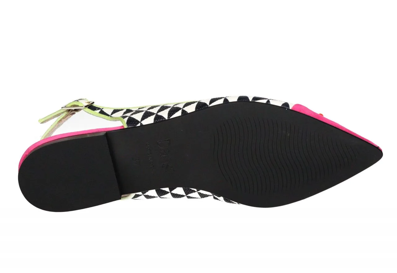 Zapato Talon Abierto Piel Blanco/negro Punta Ante Fucsia Lazo Naranja