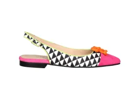 Zapato Talon Abierto Piel Blanco/negro Punta Ante Fucsia Lazo Naranja