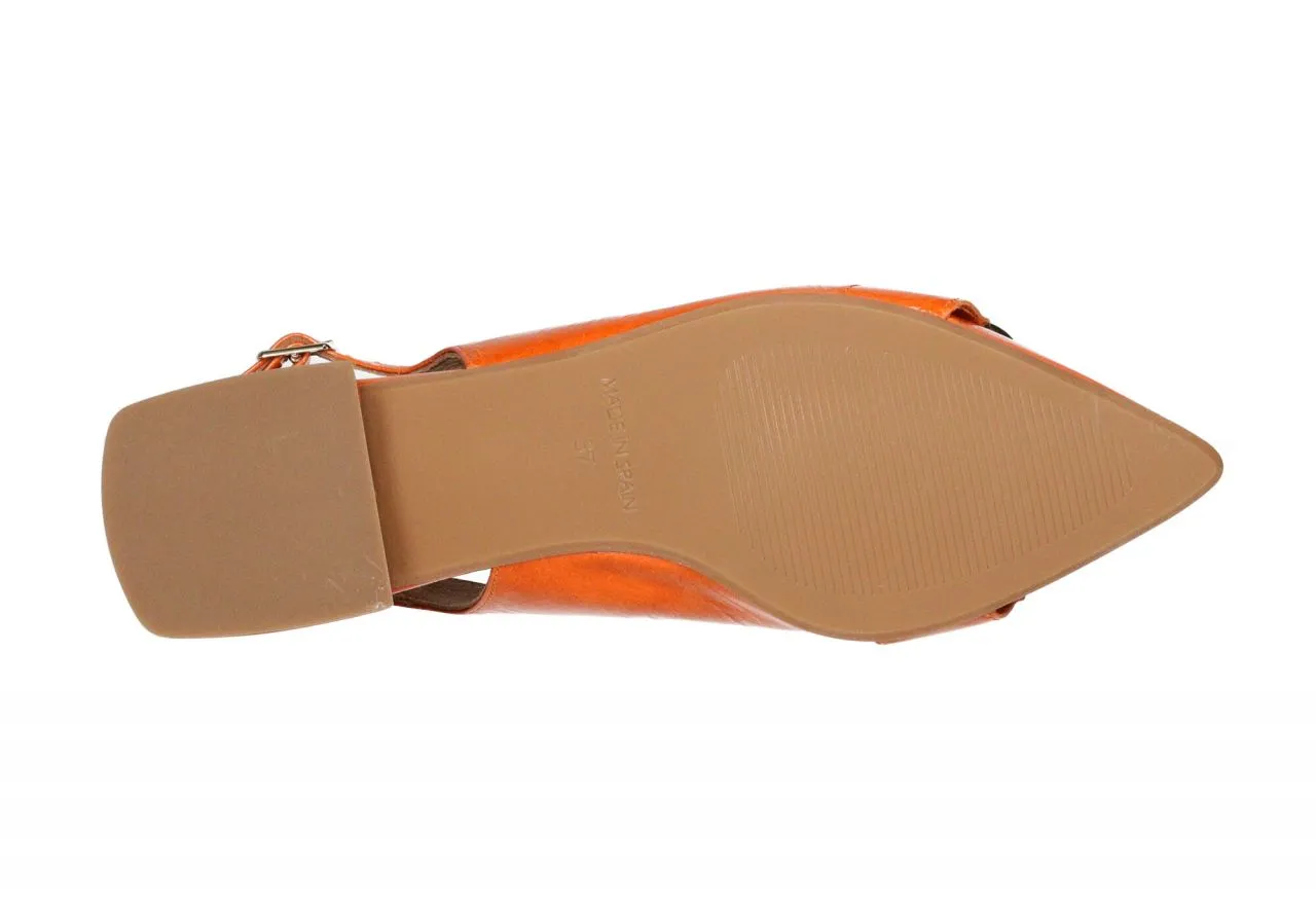 Zapato Talón Abierto Piel Brillo Naranja Pala Trabilla Dorada